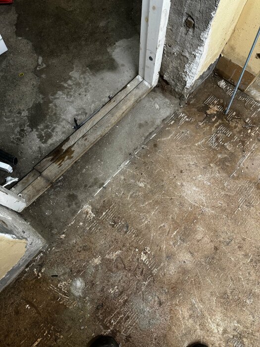Fuktfläckar på källargolv av betong, särskilt vid dörröppning. Området har mörka partier som tyder på vattenansamling. Väggar visar tecken på äldre skador.