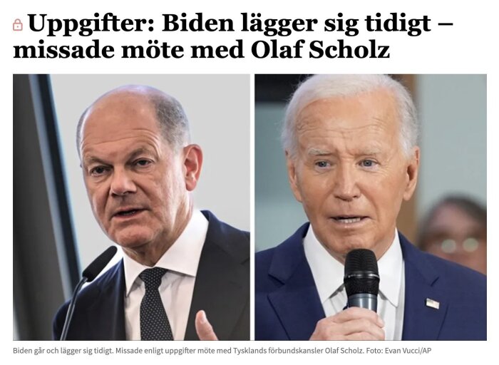 Två porträttbilder av politikerna Olaf Scholz och Joe Biden, med en rubrik som säger att Biden missade ett möte med Scholz.