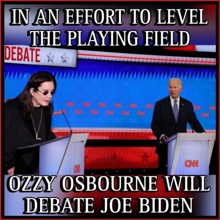 Bildmanipulation som skildrar en debatt mellan Ozzy Osbourne och Joe Biden på en CNN-scen med texten "In an effort to level the playing field Ozzy Osbourne will debate Joe Biden.