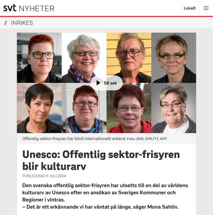 Kollage med åtta porträtt av kvinnor med korta frisyrer, som representerar den svenska offentlig sektor-frisyren, som nu blir kulturarv enligt Unesco.