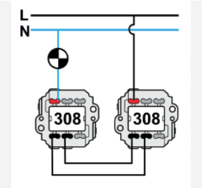 Kopplingsschema för två Fontini trappströmbrytare med anslutna kablar till övre (röd) och nedre delar. inkluderar L- och N-ledningar.