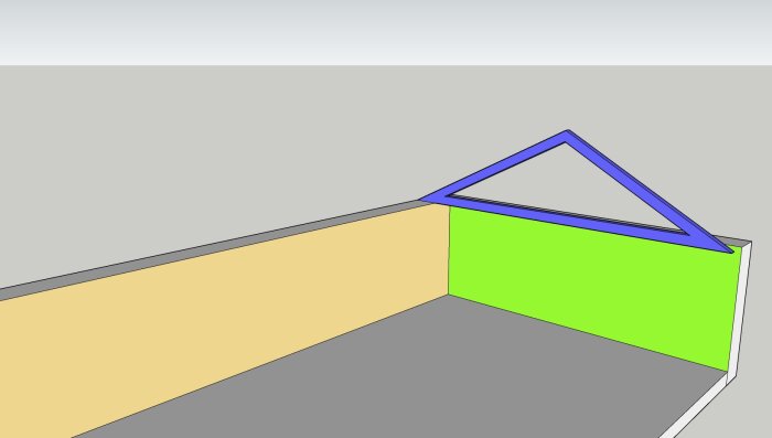 3D-ritning som visar en vägg markerad i grönt och en takstol i blått, vilket illustrerar potentiell deformation av väggar på grund av sättningar i takstolar.