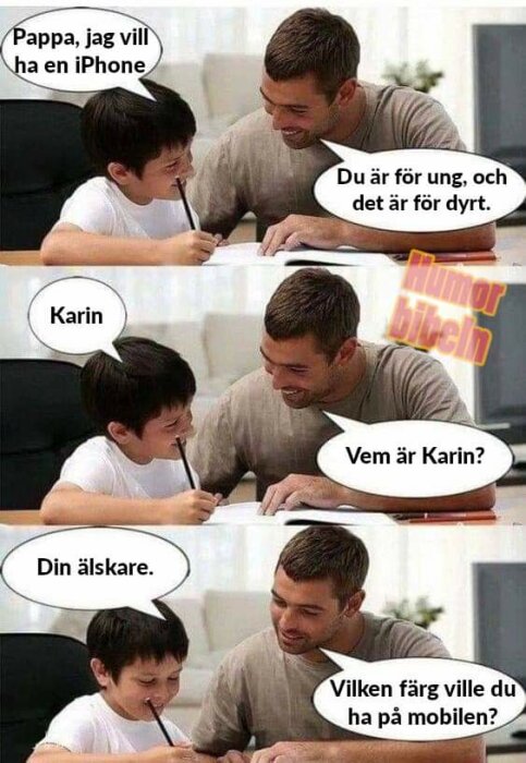 En pojke ber sin pappa om en iPhone, pappan säger nej. Pojken nämner "Karin" och pappan frågar vem det är. Pojken svarar "din älskare", pappan ger med sig och frågar om färg.