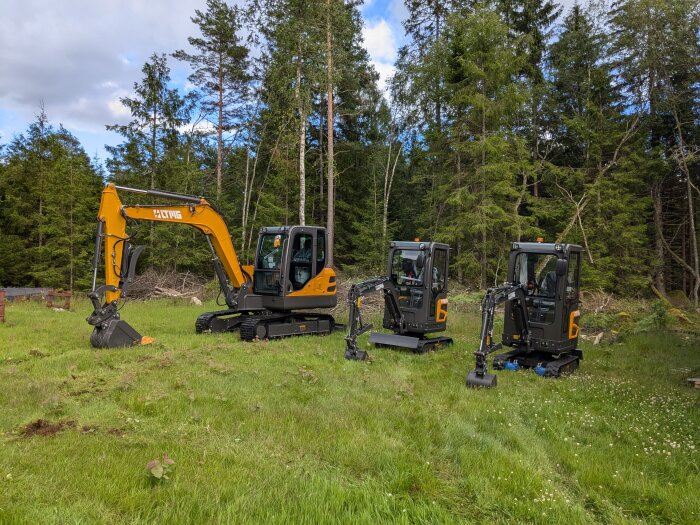 Tre grävmaskiner står på en gräsbevuxen yta omgivna av träd.