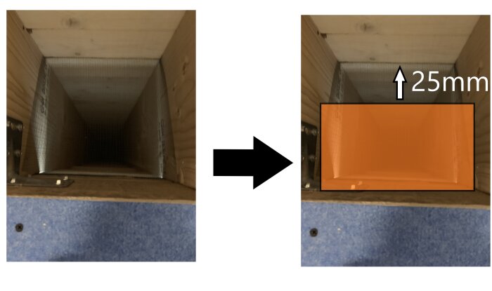 Före och efter bild som visar en plan för luftspaltens ventilation i ett förråds-/carporttak med en 25 mm öppning för luft ovanför en isoleringsbarriär.