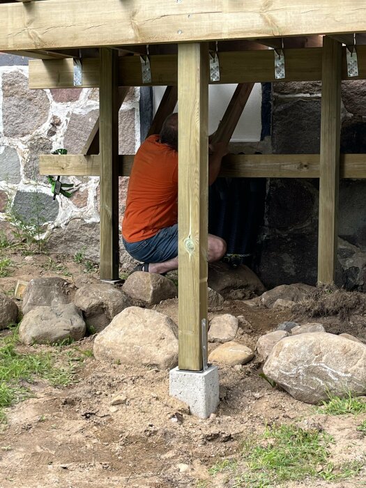 En person i orange tröja och shorts arbetar med att installera stöttor under en balkong. Golvbjälkar och bärlina är synliga. Stenmur i bakgrunden.