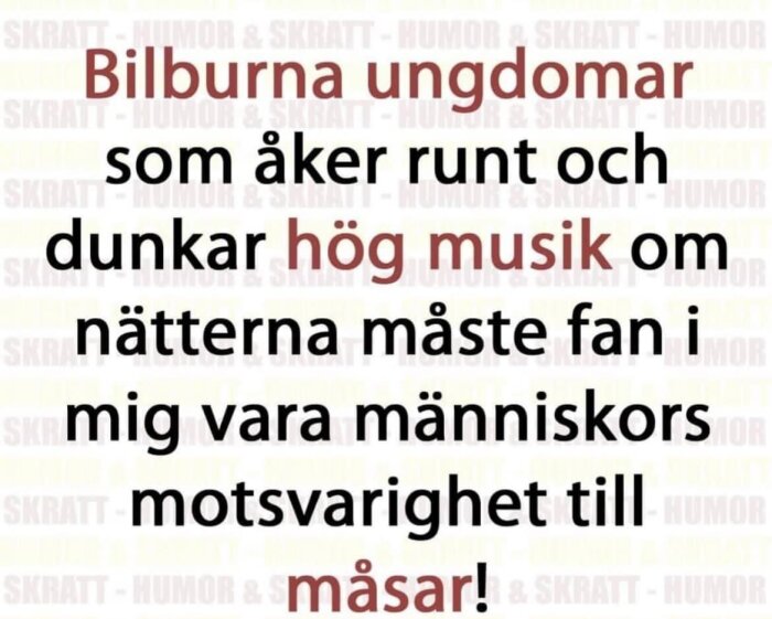 Skylt med texten "Bilburna ungdomar som åker runt och dunkar hög musik om nätterna måste fan i mig vara människors motsvarighet till måsar!