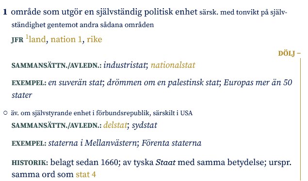 Uppslagsverkssida från Svensk ordbok som visar definition, exempel, och historik för ordet "stat".