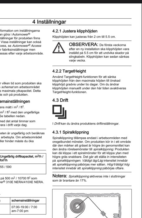 Bruksanvisning med instruktioner för att justera klipphöjden och använda TargetHeight-funktionen på en Automower.