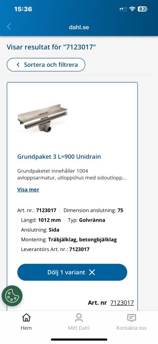 Bild på ett UNIDRAIN grundpaket 3 L=900, med golvränna och avloppsarmatur. Artikelnr: 7123017, dimension anslutning: 75 mm, längd: 1012 mm.