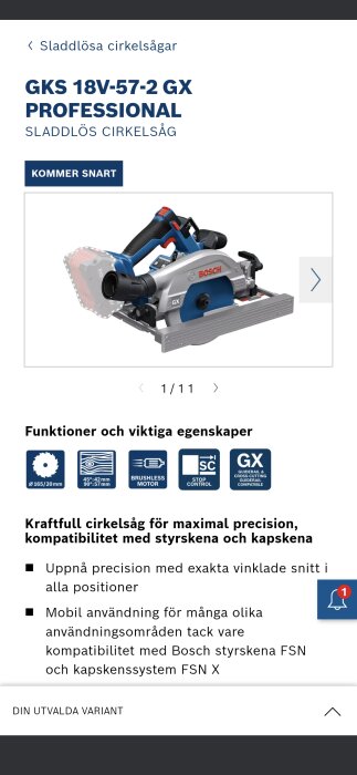 Bild av en Bosch sladdlös cirkelsåg, modell GKS 18V-57-2 GX Professional, med "Kommer snart" text ovanför. Funktioner och specifikationer listas nedanför.