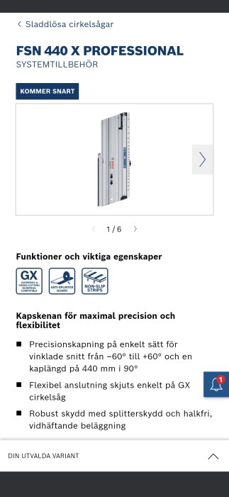 Produktbild av Bosch FSN 440 X Professional styrskena för cirkelsågar, med text och ikoner som beskriver funktioner som precissionskapning, GX-kompatibilitet, och halkskydd.