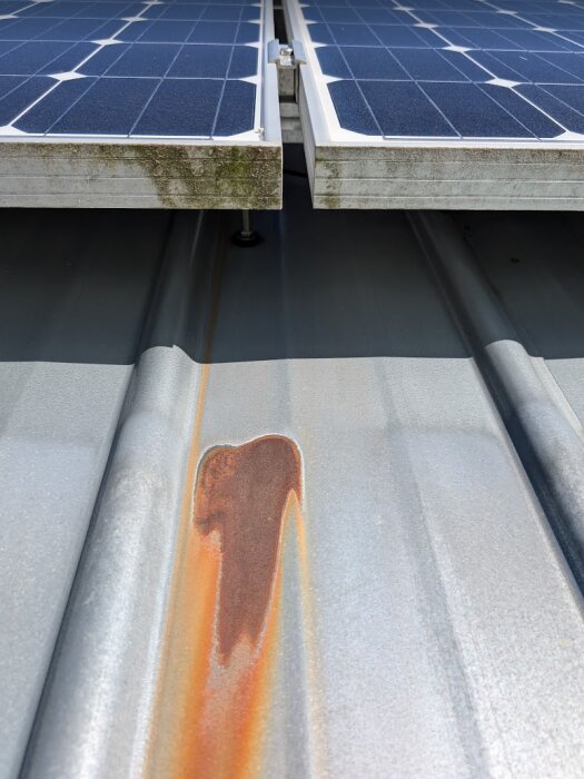 Rostfläck på galvaniserat plåttak under solpaneler, med två solpaneler ovanför som samlar vatten och orsakar korrosion.