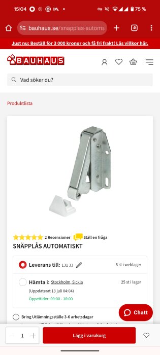 Bild på en produktsida från Bauhaus visar en automatisk snäpplås med två recensioner. Produkten är tillgänglig både för hemleverans och upphämtning.