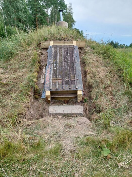 Gammal trädörr monterad på en förhöjd träram i en grässlänt, omgiven av högt gräs och träd.