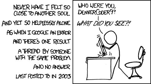 Tecknad bild från XKCD med en person som frustrerat tittar på en datorskärm, bredvid text som beskriver känslan av att hitta en gammal forumtråd utan svar.