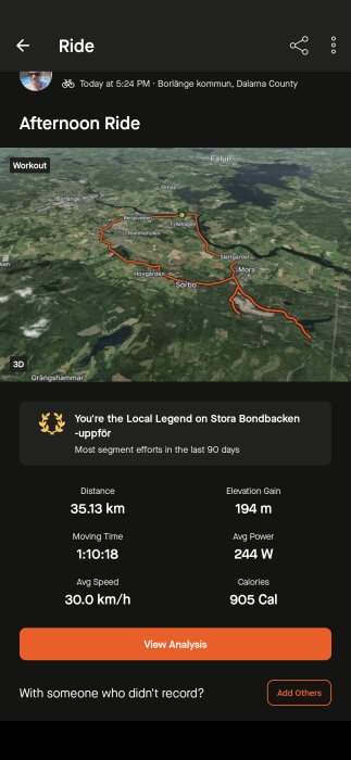 Cykelrutt på 35,13 km i Borlänge kommun med höjdökning 194 m, genomsnittshastighet 30 km/h, genomsnittseffekt 244 W, och kaloriförbrukning 905 Cal.