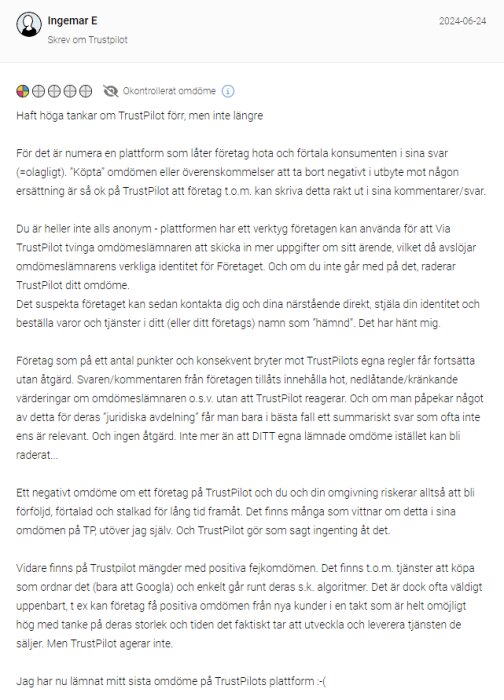 Skärmbild av en användarrecension från en person som heter Ingemar E på TrustPilot, där personen uttrycker negativa åsikter och erfarenheter om plattformen.