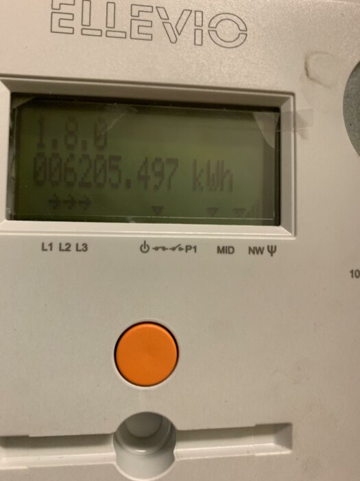 Närbild av en elmätare från Ellevio som visar en avläsning på 6205,497 kWh och flera pilar, med en tydlig orange knapp under displayen.