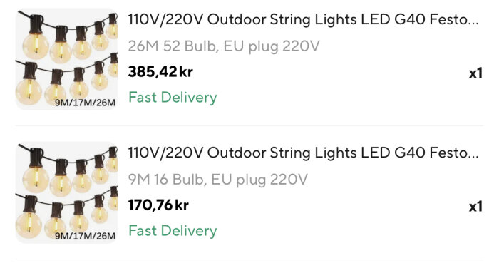 Två olika annonser för LED-slingor för utomhusbruk med olika längder och antal lampor, priserna är 385,42 kr och 170,76 kr.