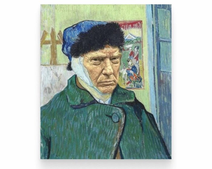 Porträtt i impressionistisk stil av en person med blå mössa och grön rock, med del av ansiktet förbundet. Bakgrund med en färgglad affisch.