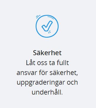 Illustration av en blå bock i en cirkel ovanför texten "Säkerhet: Låt oss ta fullt ansvar för säkerhet, uppgraderingar och underhåll.