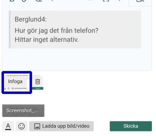 Skärmklipp av en diskussionstråd med en fråga om hur man laddar upp bilder från telefonen, knappar för att bifoga filer och skicka inlägget syns.