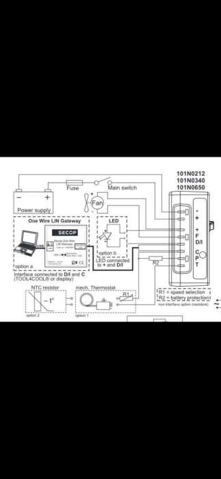 Schematisk ritning av ett kylsystem med 24V-system, som visar anslutningen av termostat, kylfläkt, strömförsörjning och kontrollerade komponenter.