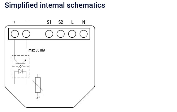 Elektroniskt kopplingsschema för en Shelly-produkt med anslutningar för S1, S2, L, N, + och -, samt en markering för max 35 mA.