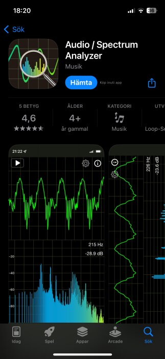 Appbutikssida visar "Audio / Spectrum Analyzer" med 4,6 stjärnor, skärmbilder av frekvens- och ljudtrycksmätning. Kategoriserad som Musik, 4+ år gammal.