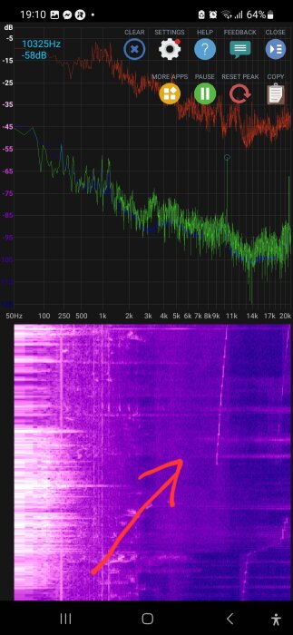 Graf i ljudanalysapp som visar ett ljud som börjar vid 9 kHz och ökar i frekvens. En röd pil pekar på det framträdande ljudet i spektralanalysen.