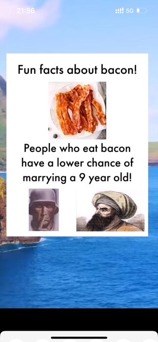 Bild med texten 'Fun facts about bacon! People who eat bacon have a lower chance of marrying a 9 year old!' ovanför bacon och två ansikten.