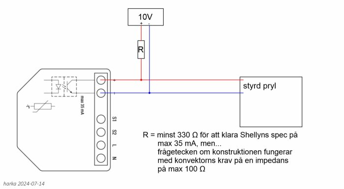 Schematisk ritning av en elektrisk krets med Shelly-dimmer, en motstånd, en 10V strömkälla och en styrd pryl. Text anger motståndsvärden och strömbegränsningar.