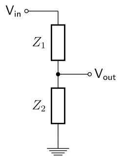 Diagram över spänningsdelare med inmatningsspänning, motstånden Z1 och Z2, utgångsspänning och jord.