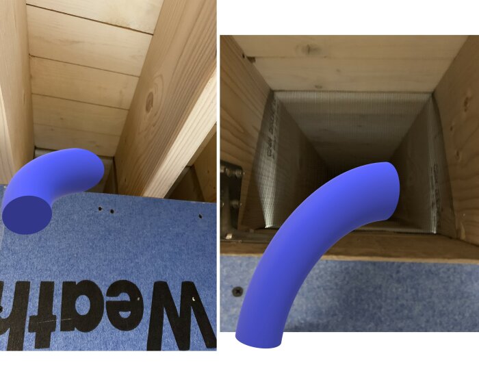 Två bilder som visar ett ventilationsrör installerat i en träram med blå isoleringsmaterial och ett nät för ventilation.