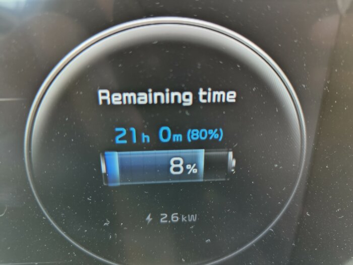 Närbild på en digital display i en elbil som visar laddningstid med 21 timmar kvar, batterinivå på 8% och laddhastighet på 2,6 kW.