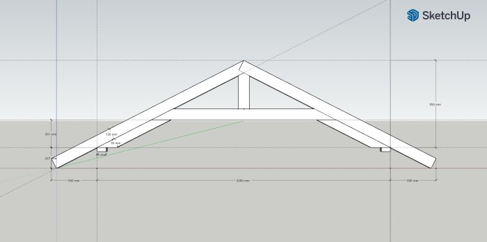 Skalmodell av takkonstruktion skapad med SketchUp, visar mått och detaljer för takstolar och dimensioner i millimeter.