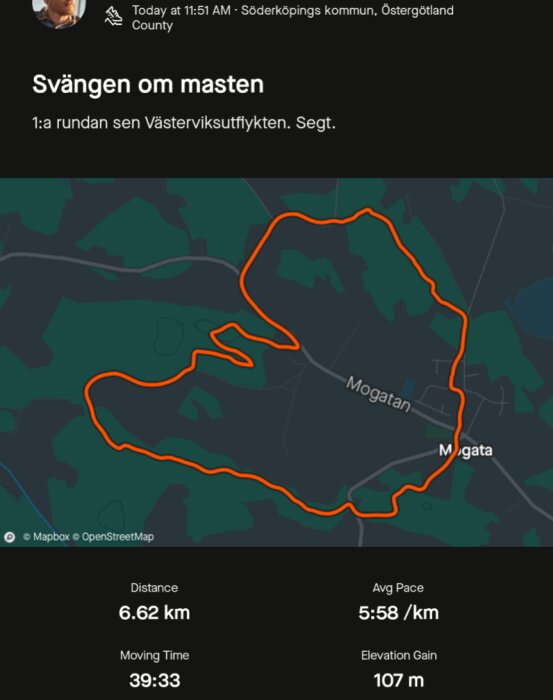 Karta över en löprunda på 6,62 km i Söderköpings kommun med en höjdskillnad på 107 meter och en genomsnittlig hastighet på 5:58 min/km.