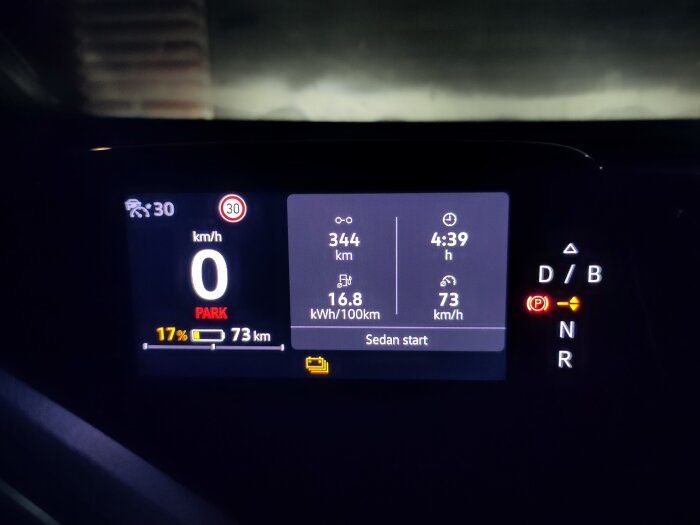 Instrumentpanel i en bil visar 344 km körsträcka, 4:39 timmar restid, 16,8 kWh/100 km, medelhastighet 73 km/h, batterinivå 17% och 73 km kvarvarande körsträcka.