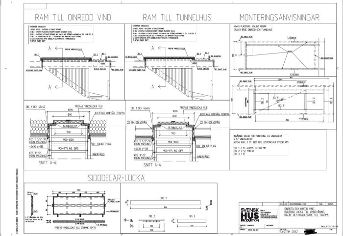 Ritning av ram till oinredd vind och tunnelhus med monteringsanvisningar, samt detaljerade sektioner av sidor och lucka. Inkluderar mått och specifikationer.