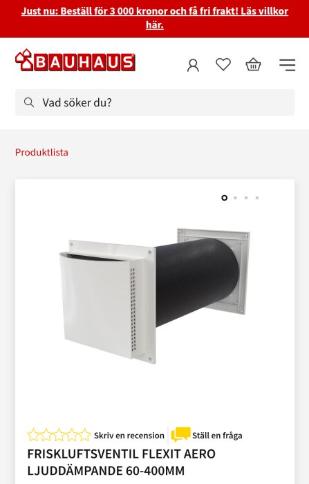 Friskluftsventil från Bauhaus, märket Flexit Aero, modell ljuddämpande 60-400mm. Ventilen är vit med svart insida och en fyrkantig form.