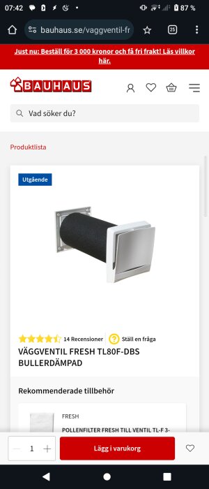 Bauhaus produktsida för väggventil Fresh TL80F-DBS med bullerdämpning, svart och vit design, synlig rubrik och bild på ventilen i närbild.