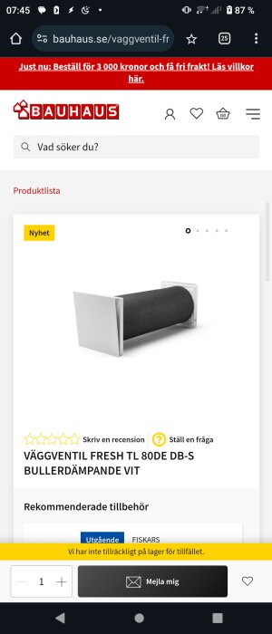 Produktbild av Fresh TL 80DE DB-S väggventil i vitt från Bauhaus, ljuddämpande för bättre ventilation i rum, visas som Nyhet på webbshopens sida.