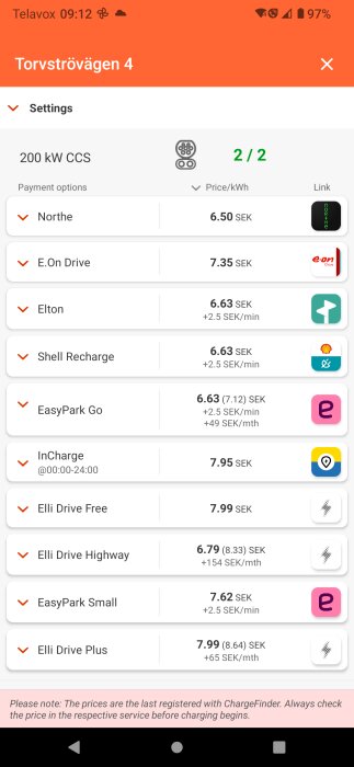 Skärmdump av en app som visar priser och betalningsalternativ för laddning vid en laddstation på Torvströvägen 4, med priser för olika leverantörer som Northe, E.On Drive, och Elton.