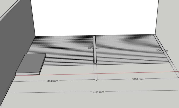 3D-ritning av en trall med måtten 6301 mm x 3000 mm, där en fris har lagts till i mitten. Rutnät och mått för olika sektioner är markerade.