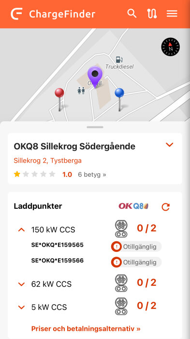 Karta med laddpunkter vid OKQ8 Sillekrog Södergående, Tystberga, från appen ChargeFinder, visar 150 kW, 62 kW, och 5 kW CCS laddpunkter, alla otillgängliga.