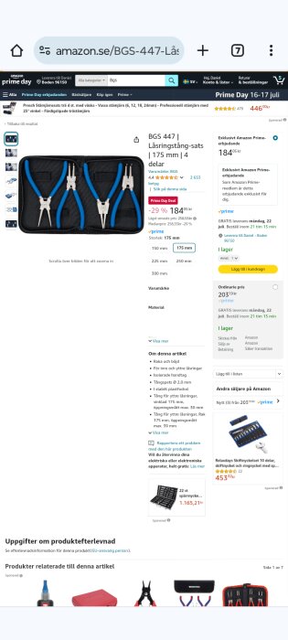 Produktbild av BGS 447 låsringstång-sats med 4 delar och blåa handtag, visas tillsammans med Prime Day-pris på Amazon.se.
