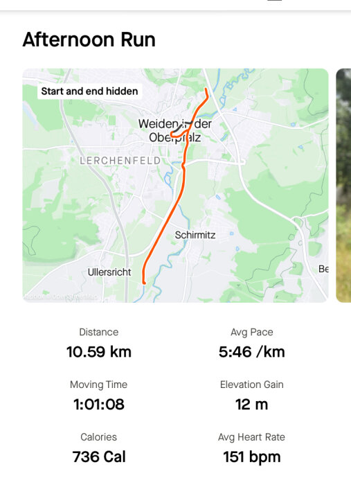 En karta över en löprunda som passerar genom Weiden in der Oberpfalz med sammanfattningsinformation: 10,59 km, 1:01:08, höjdökning 12 m, 736 kalorier, 5:46 min/km, 151 bpm.