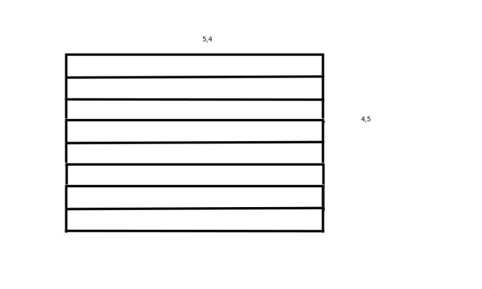 **Skiss som visar en rektangulär struktur med måtten 5,4 x 4,5 meter uppdelad i 8 sektioner av horisontella linjer.**