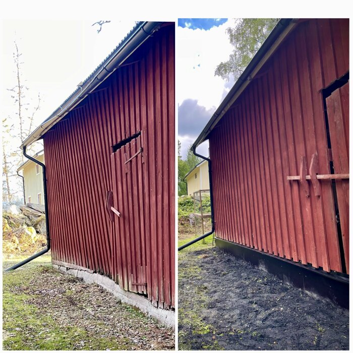 Före och efter-bilder av en röd lada, med en skev och skadad vägg till vänster som är upprättad och reparerad till höger.